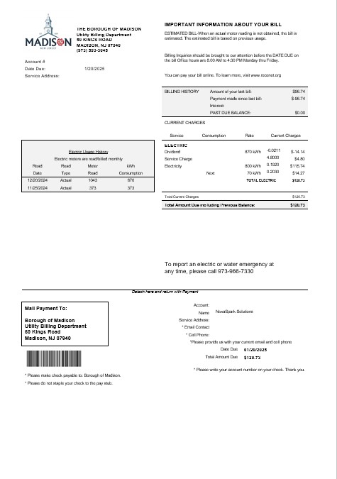USA New Jersey The Borough of Madison business utility bill template in Word and PDF formats